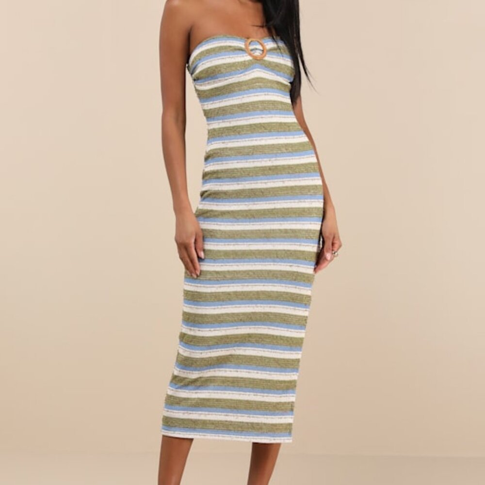 Lulus Mileka Green Striped Textured Knit Strapless Midi Sweater Dress - Size S